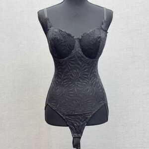 Victorias Secret Black Lace Underwire Bodysuit Thong Garter‎ Straps Lingerie 36D